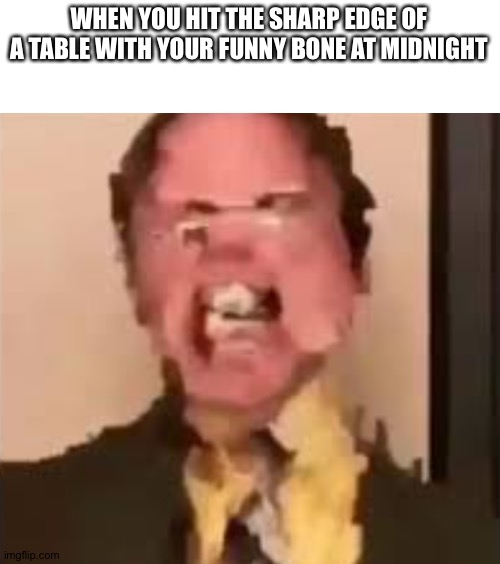 More like no so funny bone |  WHEN YOU HIT THE SHARP EDGE OF A TABLE WITH YOUR FUNNY BONE AT MIDNIGHT | image tagged in dwight screaming,funny bone,ouch,midnight,why are you reading this,seriously why | made w/ Imgflip meme maker