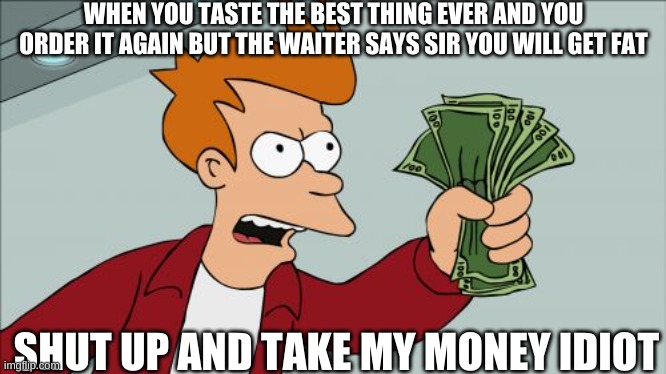 hahaha | WHEN YOU TASTE THE BEST THING EVER AND YOU ORDER IT AGAIN BUT THE WAITER SAYS SIR YOU WILL GET FAT; SHUT UP AND TAKE MY MONEY IDIOT | image tagged in memes,shut up and take my money fry | made w/ Imgflip meme maker