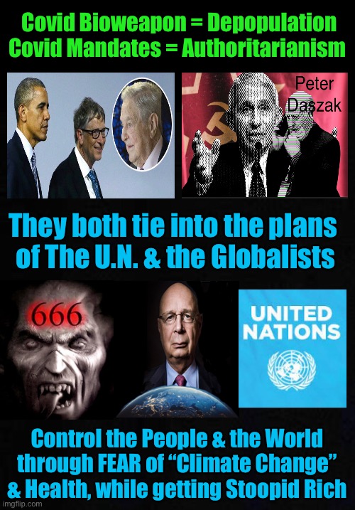 The Playa’s | Covid Bioweapon = Depopulation
Covid Mandates = Authoritarianism; They both tie into the plans 
of The U.N. & the Globalists; Control the People & the World
through FEAR of “Climate Change” & Health, while getting Stoopid Rich | image tagged in memes,vaccination,covid,power money control,globalists,scamdemic is just one step in their plan | made w/ Imgflip meme maker