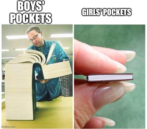 This is so annoying | BOYS' POCKETS; GIRLS' POCKETS | image tagged in big book small book | made w/ Imgflip meme maker