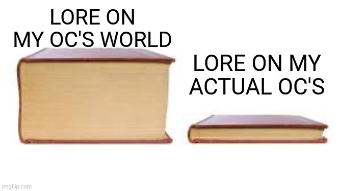 The truth | LORE ON MY OC'S WORLD; LORE ON MY ACTUAL OC'S | image tagged in big book small book | made w/ Imgflip meme maker