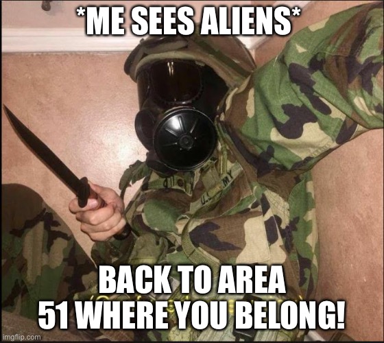 confused screaming but with gas mask | *ME SEES ALIENS*; BACK TO AREA 51 WHERE YOU BELONG! | image tagged in confused screaming but with gas mask | made w/ Imgflip meme maker