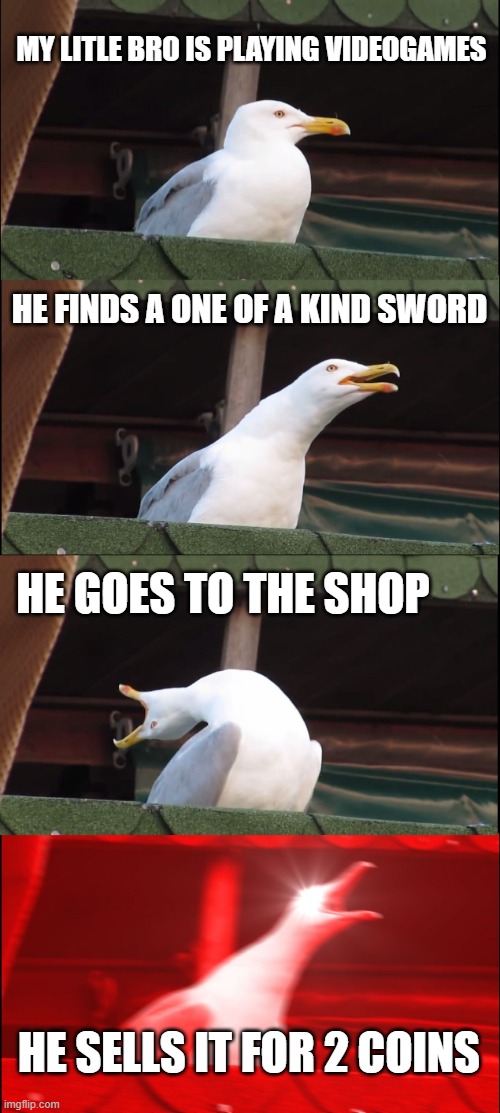 reeeeeeeeeeeeeeeee | MY LITLE BRO IS PLAYING VIDEOGAMES; HE FINDS A ONE OF A KIND SWORD; HE GOES TO THE SHOP; HE SELLS IT FOR 2 COINS | image tagged in memes,inhaling seagull | made w/ Imgflip meme maker