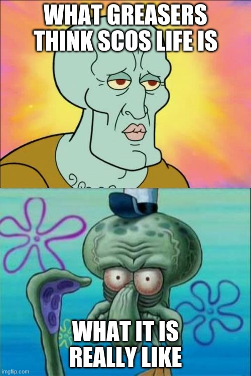 socs bb | WHAT GREASERS THINK SCOS LIFE IS; WHAT IT IS  REALLY LIKE | image tagged in memes,squidward | made w/ Imgflip meme maker