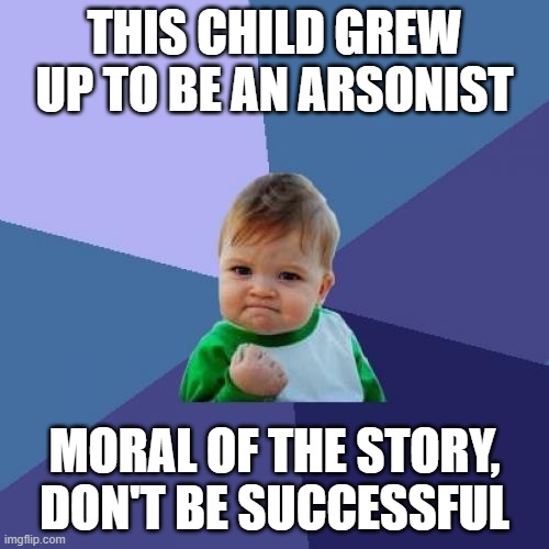 Success Kid Meme | THIS CHILD GREW UP TO BE AN ARSONIST; MORAL OF THE STORY, DON'T BE SUCCESSFUL | image tagged in memes,success kid | made w/ Imgflip meme maker