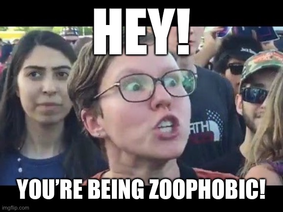 Angry sjw | HEY! YOU’RE BEING ZOOPHOBIC! | image tagged in angry sjw | made w/ Imgflip meme maker