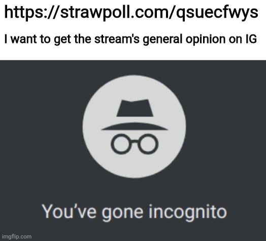 https://strawpoll.com/qsuecfwys | https://strawpoll.com/qsuecfwys; I want to get the stream's general opinion on IG | image tagged in e | made w/ Imgflip meme maker