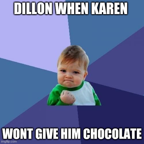Success Kid Meme | DILLON WHEN KAREN; WONT GIVE HIM CHOCOLATE | image tagged in memes,success kid | made w/ Imgflip meme maker