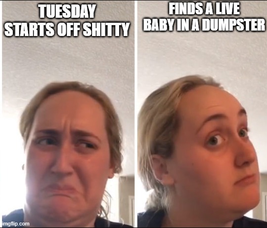 Kombucha Girl | FINDS A LIVE BABY IN A DUMPSTER; TUESDAY STARTS OFF SHITTY | image tagged in kombucha girl,memes | made w/ Imgflip meme maker