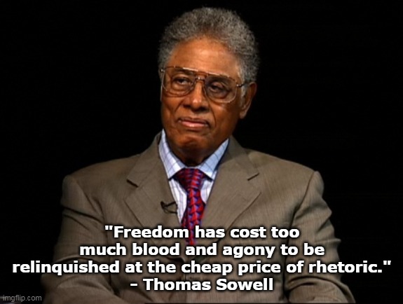Democrats have nothing else apart from their rhetoric, and total failure. | "Freedom has cost too much blood and agony to be relinquished at the cheap price of rhetoric."
- Thomas Sowell | image tagged in thomas sowell,democrats,demonic | made w/ Imgflip meme maker