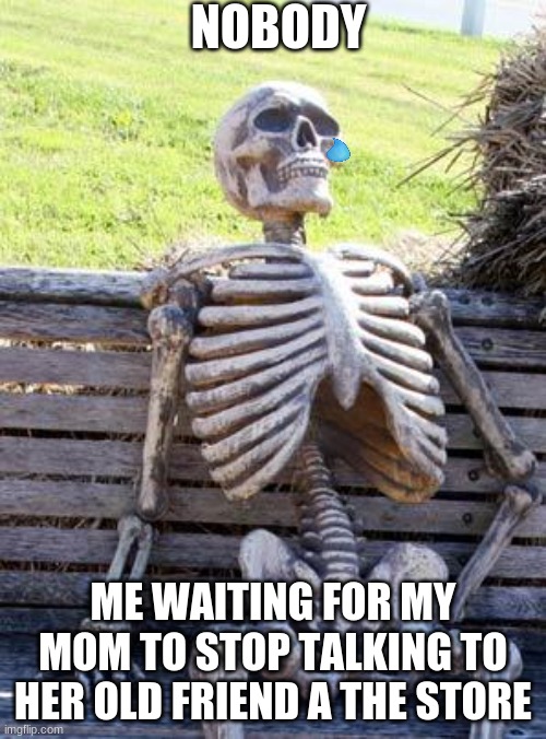 Waiting Skeleton | NOBODY; ME WAITING FOR MY MOM TO STOP TALKING TO HER OLD FRIEND A THE STORE | image tagged in memes,waiting skeleton | made w/ Imgflip meme maker