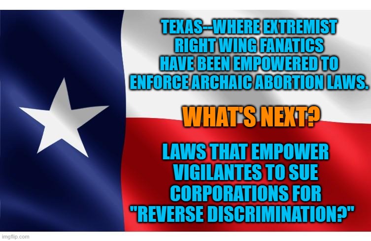 Texas. a place to be from (far from) before mob justice is unleased on you or your company. | TEXAS--WHERE EXTREMIST RIGHT WING FANATICS HAVE BEEN EMPOWERED TO ENFORCE ARCHAIC ABORTION LAWS. WHAT'S NEXT? LAWS THAT EMPOWER VIGILANTES TO SUE CORPORATIONS FOR "REVERSE DISCRIMINATION?" | image tagged in politics | made w/ Imgflip meme maker