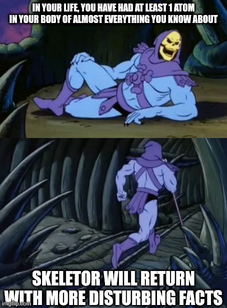 Disturbing Facts Skeletor | IN YOUR LIFE, YOU HAVE HAD AT LEAST 1 ATOM IN YOUR BODY OF ALMOST EVERYTHING YOU KNOW ABOUT; SKELETOR WILL RETURN WITH MORE DISTURBING FACTS | image tagged in disturbing facts skeletor | made w/ Imgflip meme maker