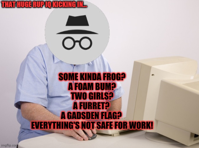 old man at computer | SOME KINDA FROG?
A FOAM BUM?
TWO GIRLS?
A FURRET? 
A GADSDEN FLAG? 
EVERYTHING'S NOT SAFE FOR WORK! THAT HUGE RUP IQ KICKING IN... | image tagged in old man at computer | made w/ Imgflip meme maker