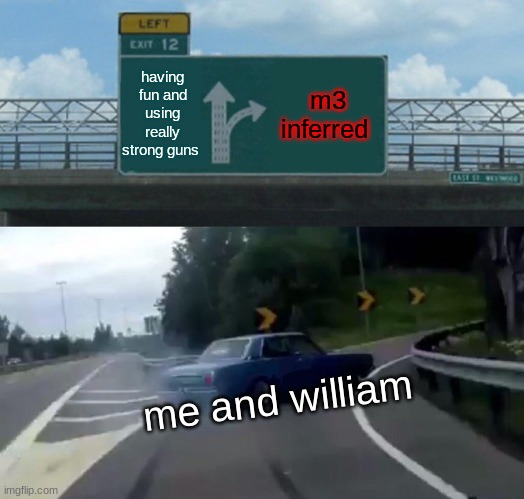 battlefield 5 be like | having fun and using really strong guns; m3 inferred; me and william | image tagged in memes,left exit 12 off ramp | made w/ Imgflip meme maker