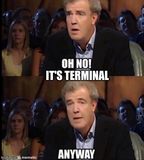Oh no anyway | IT'S TERMINAL | image tagged in oh no anyway | made w/ Imgflip meme maker