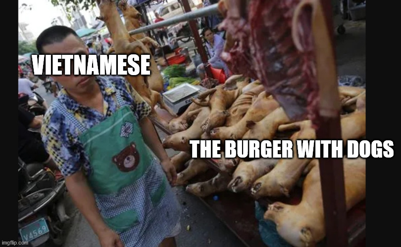 Dogs eaten in China! | VIETNAMESE THE BURGER WITH DOGS | image tagged in dogs eaten in china | made w/ Imgflip meme maker