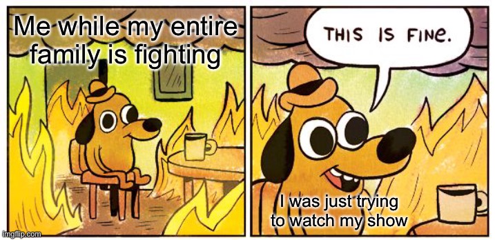 Life | Me while my entire family is fighting; I was just trying to watch my show | image tagged in memes,this is fine | made w/ Imgflip meme maker