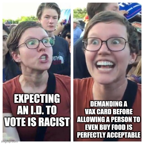 Voting is a human right, the ability to obtain food is not | DEMANDING A VAX CARD BEFORE ALLOWING A PERSON TO EVEN BUY FOOD IS PERFECTLY ACCEPTABLE; EXPECTING AN I.D. TO VOTE IS RACIST | image tagged in social justice warrior hypocrisy,memes | made w/ Imgflip meme maker