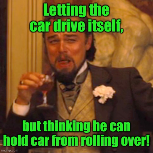 Laughing Leo Meme | Letting the car drive itself, but thinking he can hold car from rolling over! | image tagged in memes,laughing leo | made w/ Imgflip meme maker