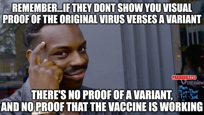 What does the original COVID-19 virus and its variants look like under an electron microscope? | REMEMBER...IF THEY DONT SHOW YOU VISUAL PROOF OF THE ORIGINAL VIRUS VERSES A VARIANT; PARADOX3713; THERE'S NO PROOF OF A VARIANT, AND NO PROOF THAT THE VACCINE IS WORKING | image tagged in memes,roll safe think about it,politics,joe biden,covid,science fiction | made w/ Imgflip meme maker