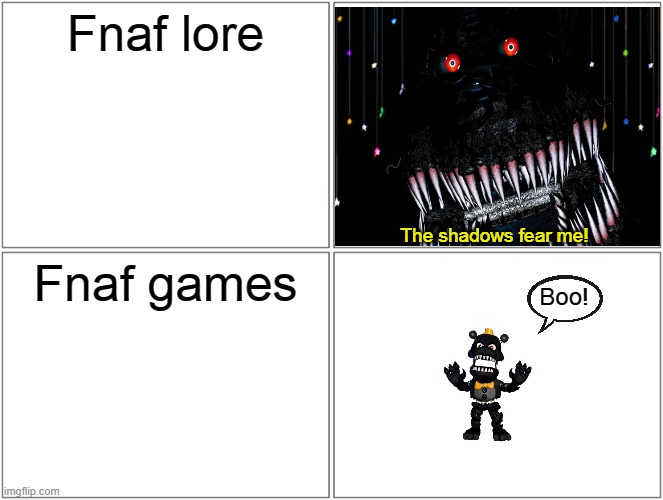 Blank Comic Panel 2x2 | Fnaf lore; The shadows fear me! Fnaf games; Boo! | image tagged in memes,blank comic panel 2x2 | made w/ Imgflip meme maker