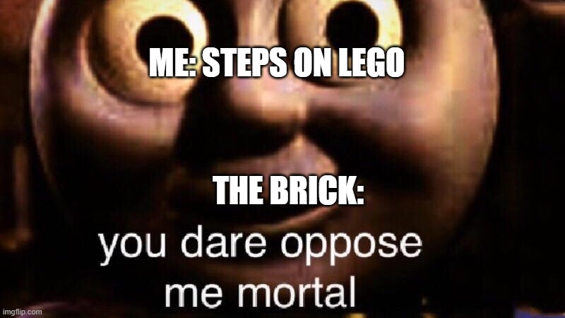 You dare oppose????? | ME: STEPS ON LEGO; THE BRICK: | image tagged in you dare oppose me mortal | made w/ Imgflip meme maker