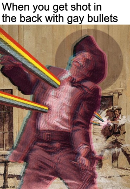 Ouch | When you get shot in the back with gay bullets | image tagged in gay,gay pride,shot | made w/ Imgflip meme maker