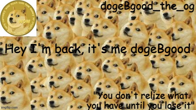 hi |  Hey I'm back, it's me dogeBgood | image tagged in doge,new temp | made w/ Imgflip meme maker