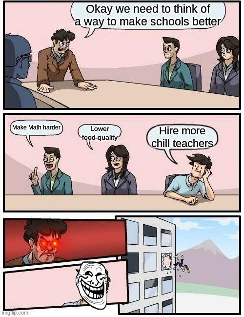 school basically | Okay we need to think of a way to make schools better; Make Math harder; Lower food quality; Hire more chill teachers | image tagged in memes,boardroom meeting suggestion | made w/ Imgflip meme maker