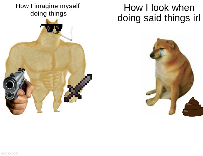 Relatable lol | How I imagine myself 
doing things; How I look when doing said things irl | image tagged in memes,buff doge vs cheems | made w/ Imgflip meme maker