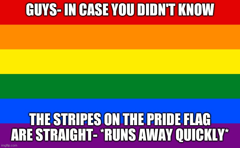 *Runs away VERY VERY quickly* | GUYS- IN CASE YOU DIDN'T KNOW; THE STRIPES ON THE PRIDE FLAG ARE STRAIGHT- *RUNS AWAY QUICKLY* | image tagged in pride flag | made w/ Imgflip meme maker