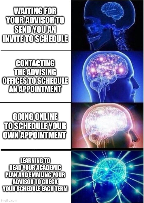 College Advising | WAITING FOR YOUR ADVISOR TO SEND YOU AN INVITE TO SCHEDULE; CONTACTING THE ADVISING OFFICES TO SCHEDULE AN APPOINTMENT; GOING ONLINE TO SCHEDULE YOUR OWN APPOINTMENT; LEARNING TO READ YOUR ACADEMIC PLAN AND EMAILING YOUR ADVISOR TO CHECK YOUR SCHEDULE EACH TERM | image tagged in memes,expanding brain,academic advising | made w/ Imgflip meme maker