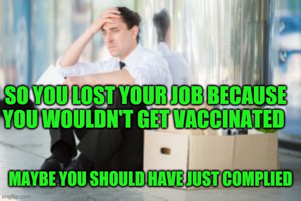 White collar crime | SO YOU LOST YOUR JOB BECAUSE YOU WOULDN'T GET VACCINATED; MAYBE YOU SHOULD HAVE JUST COMPLIED | image tagged in unemployed | made w/ Imgflip meme maker