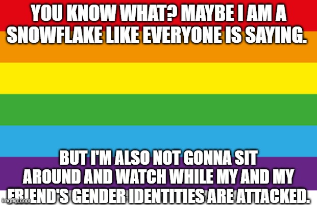 leave me alone. you jerks that aren't even LGBTQ+ are going into our safe space and then harassing us. | YOU KNOW WHAT? MAYBE I AM A SNOWFLAKE LIKE EVERYONE IS SAYING. BUT I'M ALSO NOT GONNA SIT AROUND AND WATCH WHILE MY AND MY FRIEND'S GENDER IDENTITIES ARE ATTACKED. | made w/ Imgflip meme maker