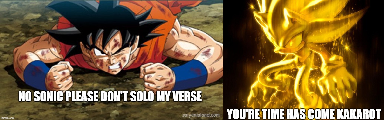 true | NO SONIC PLEASE DON'T SOLO MY VERSE; YOU'RE TIME HAS COME KAKAROT | image tagged in dbz meme,sonic the hedgehog | made w/ Imgflip meme maker