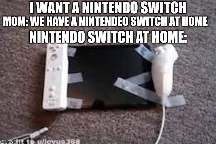 I WANT A NINTENDO SWITCH; M0M: WE HAVE A NINTENDEO SWITCH AT HOME; NINTENDO SWITCH AT HOME: | image tagged in at home | made w/ Imgflip meme maker