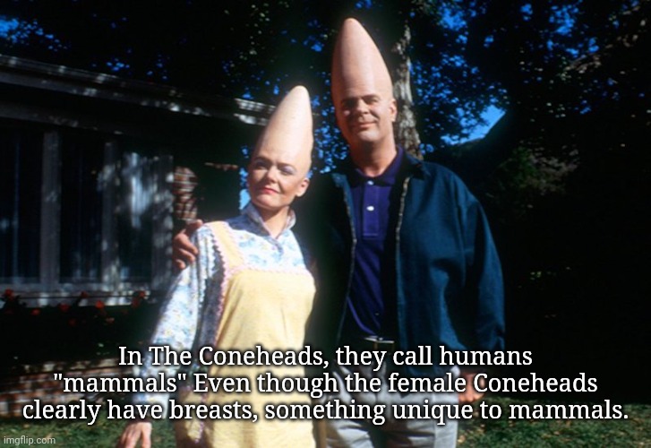 Coneheads | In The Coneheads, they call humans "mammals" Even though the female Coneheads clearly have breasts, something unique to mammals. | image tagged in coneheads,memes | made w/ Imgflip meme maker