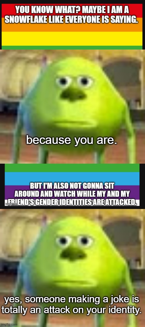 idek how these people do things anymore. | because you are. yes, someone making a joke is totally an attack on your identity. | image tagged in sully wazowski,funny | made w/ Imgflip meme maker