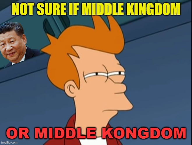 Not Sure If Middle Kingdom Or Middle Kongdom | NOT SURE IF MIDDLE KINGDOM; OR MIDDLE KONGDOM | image tagged in fry not sure | made w/ Imgflip meme maker