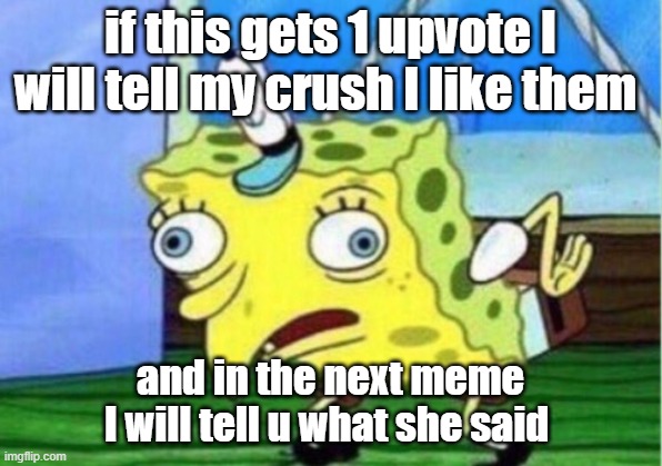 Mocking Spongebob | if this gets 1 upvote I will tell my crush I like them; and in the next meme I will tell u what she said | image tagged in memes,mocking spongebob | made w/ Imgflip meme maker