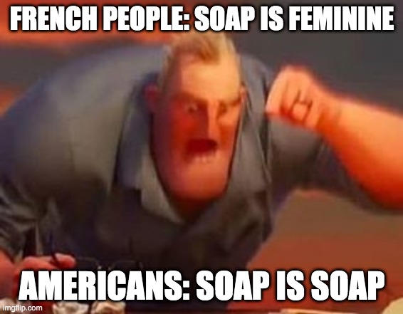 ... | FRENCH PEOPLE: SOAP IS FEMININE; AMERICANS: SOAP IS SOAP | image tagged in mr incredible mad | made w/ Imgflip meme maker