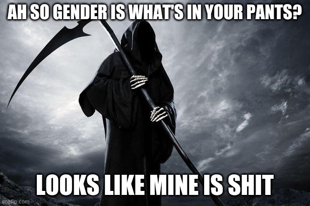 Death | AH SO GENDER IS WHAT'S IN YOUR PANTS? LOOKS LIKE MINE IS SHIT | image tagged in death | made w/ Imgflip meme maker