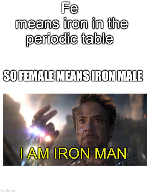 Females assemble | Fe 
means iron in the periodic table; SO FEMALE MEANS IRON MALE; I AM IRON MAN | image tagged in blank white template,iron man | made w/ Imgflip meme maker