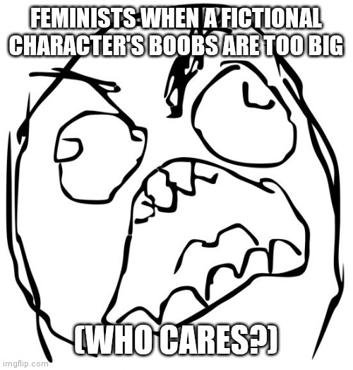 HOw DArE YU OvErSExUaLLiZe CharAcTErs | FEMINISTS WHEN A FICTIONAL CHARACTER'S BOOBS ARE TOO BIG; (WHO CARES?) | image tagged in angery troll face | made w/ Imgflip meme maker