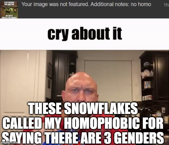 THESE SNOWFLAKES CALLED MY HOMOPHOBIC FOR SAYING THERE ARE 3 GENDERS | image tagged in cry about it | made w/ Imgflip meme maker