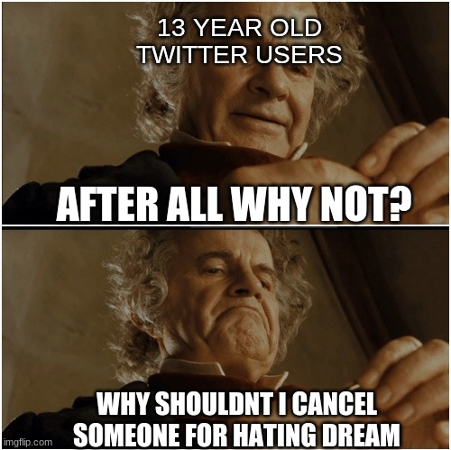 Bilbo - Why shouldn’t I keep it? | 13 YEAR OLD TWITTER USERS; AFTER ALL WHY NOT? WHY SHOULDNT I CANCEL SOMEONE FOR HATING DREAM | image tagged in bilbo - why shouldn t i keep it | made w/ Imgflip meme maker