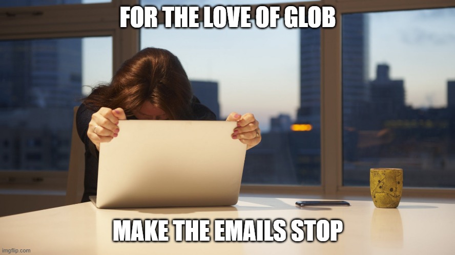 Stop the emails | FOR THE LOVE OF GLOB; MAKE THE EMAILS STOP | image tagged in emails,make it stop | made w/ Imgflip meme maker
