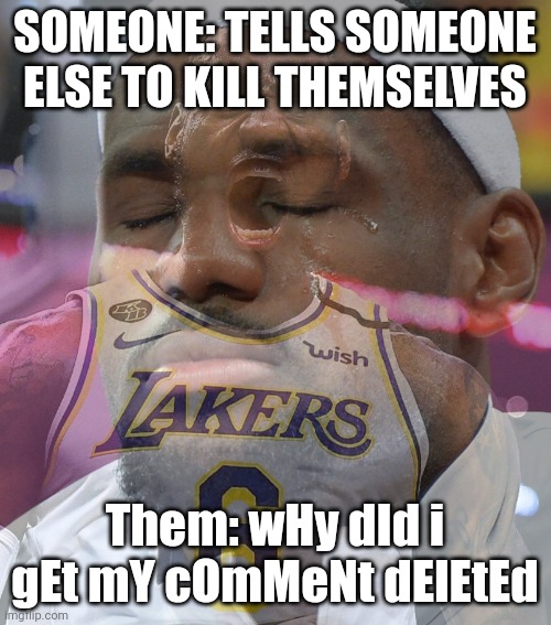 Crying LeBron James | SOMEONE: TELLS SOMEONE ELSE TO KILL THEMSELVES; Them: wHy dId i gEt mY cOmMeNt dElEtEd | image tagged in crying lebron james | made w/ Imgflip meme maker