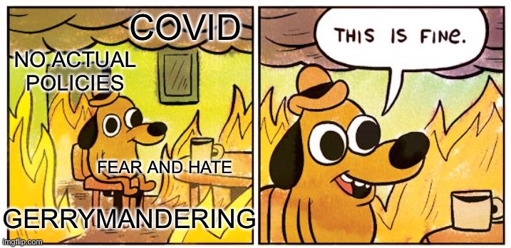 They use to call themselves the moral majority. Wrong then, wrong now | COVID; NO ACTUAL POLICIES; FEAR AND HATE; GERRYMANDERING | image tagged in memes,this is fine | made w/ Imgflip meme maker